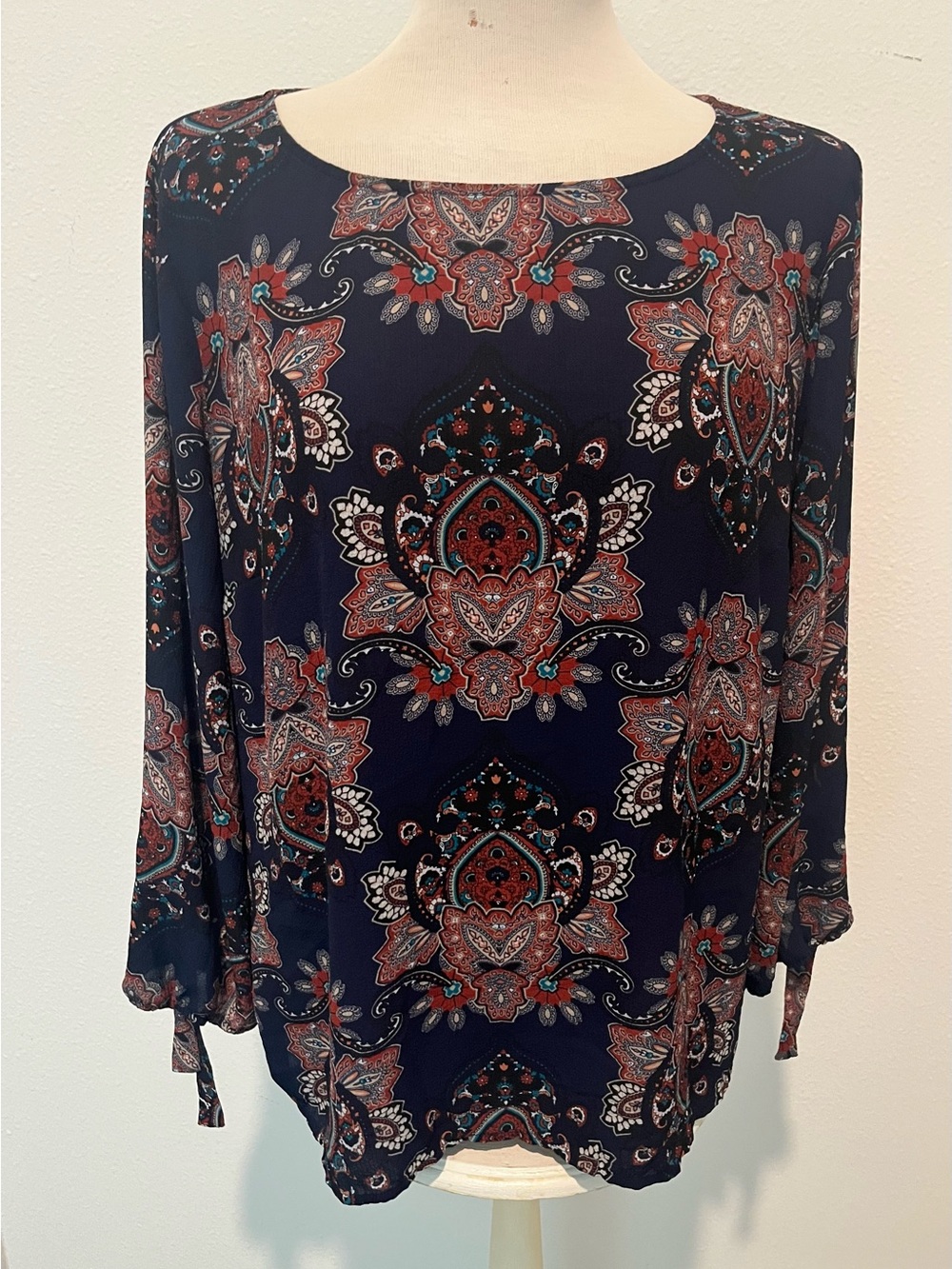 Dana Buchman Navy Paisley Tie-Sleeve Long Sleeve Top